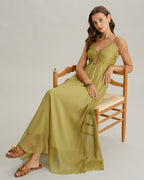 Olivia | Vestido largo verde con fruncidos