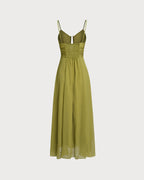 Olivia | Vestido largo verde con fruncidos