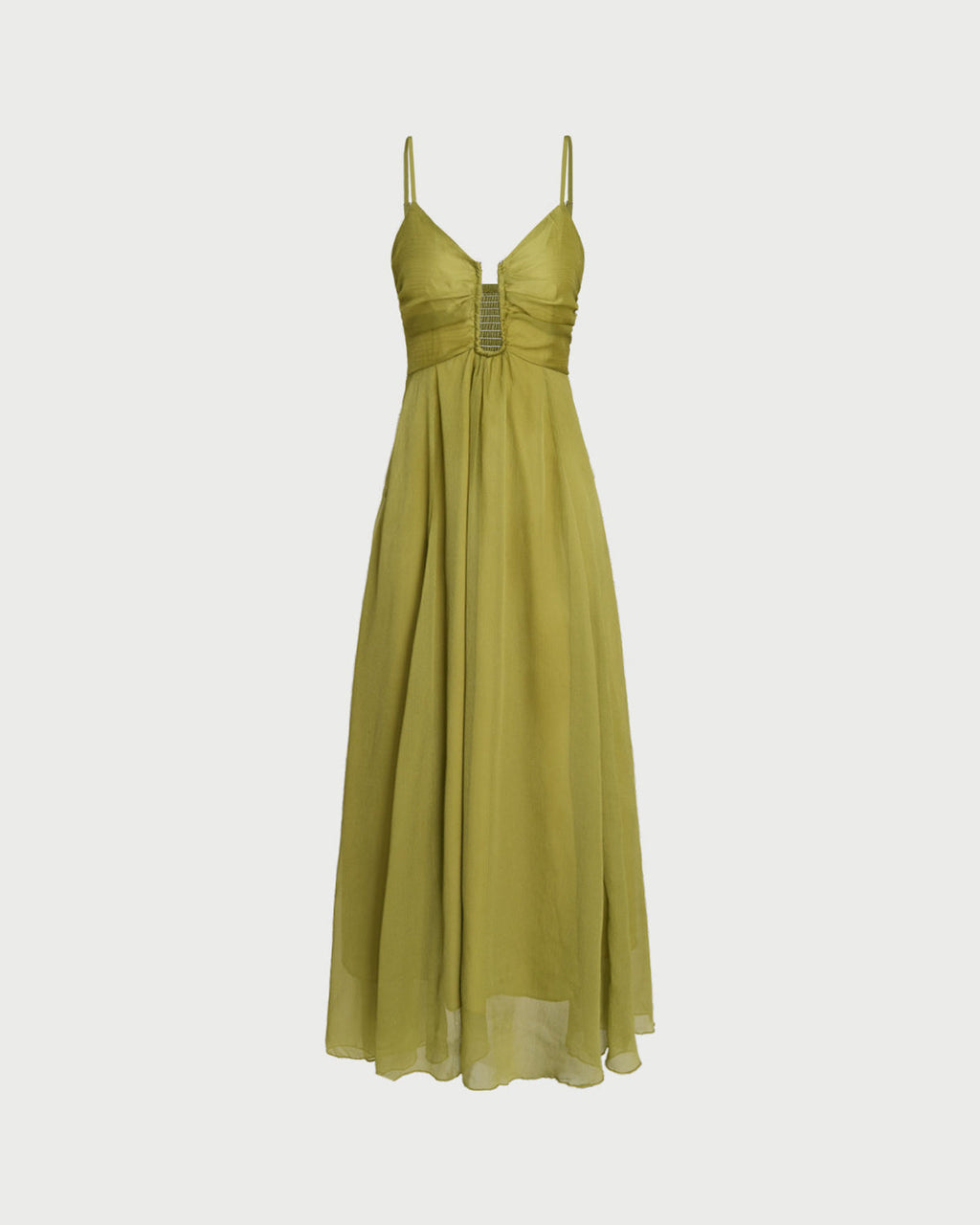 Olivia | Vestido largo verde con fruncidos