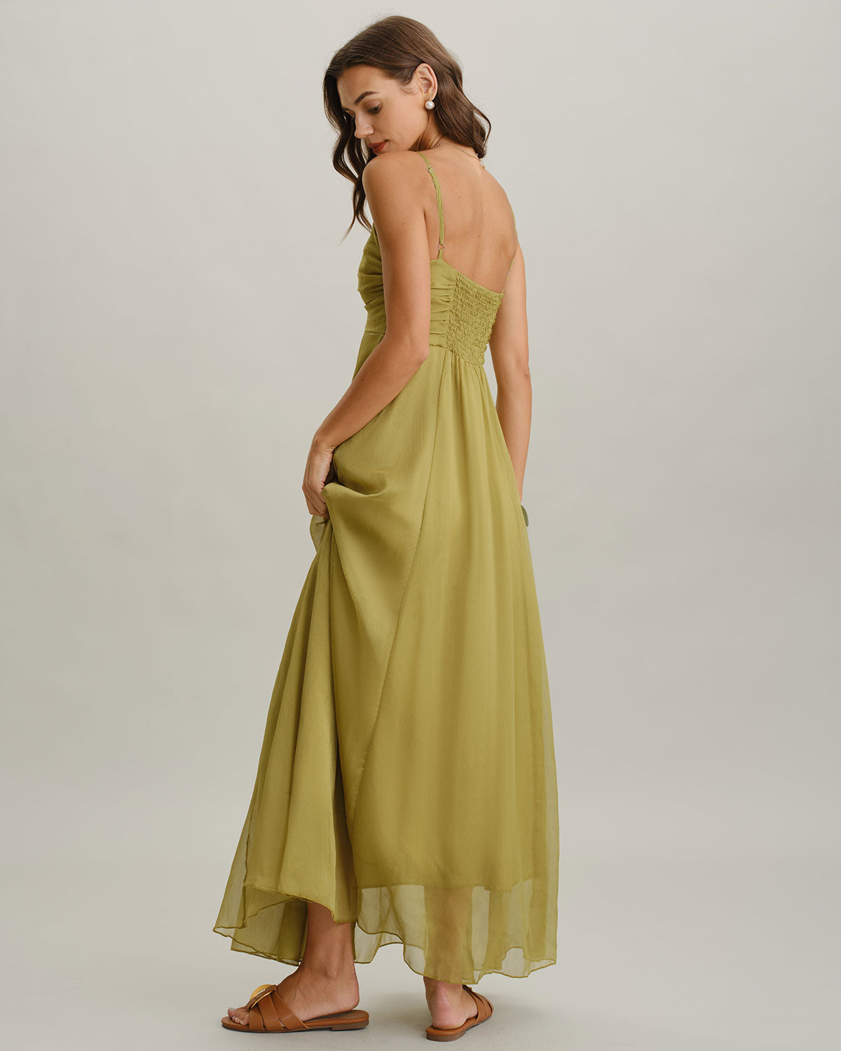 Olivia | Vestido largo verde con fruncidos
