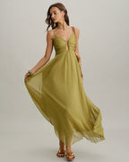 Olivia | Vestido largo verde con fruncidos